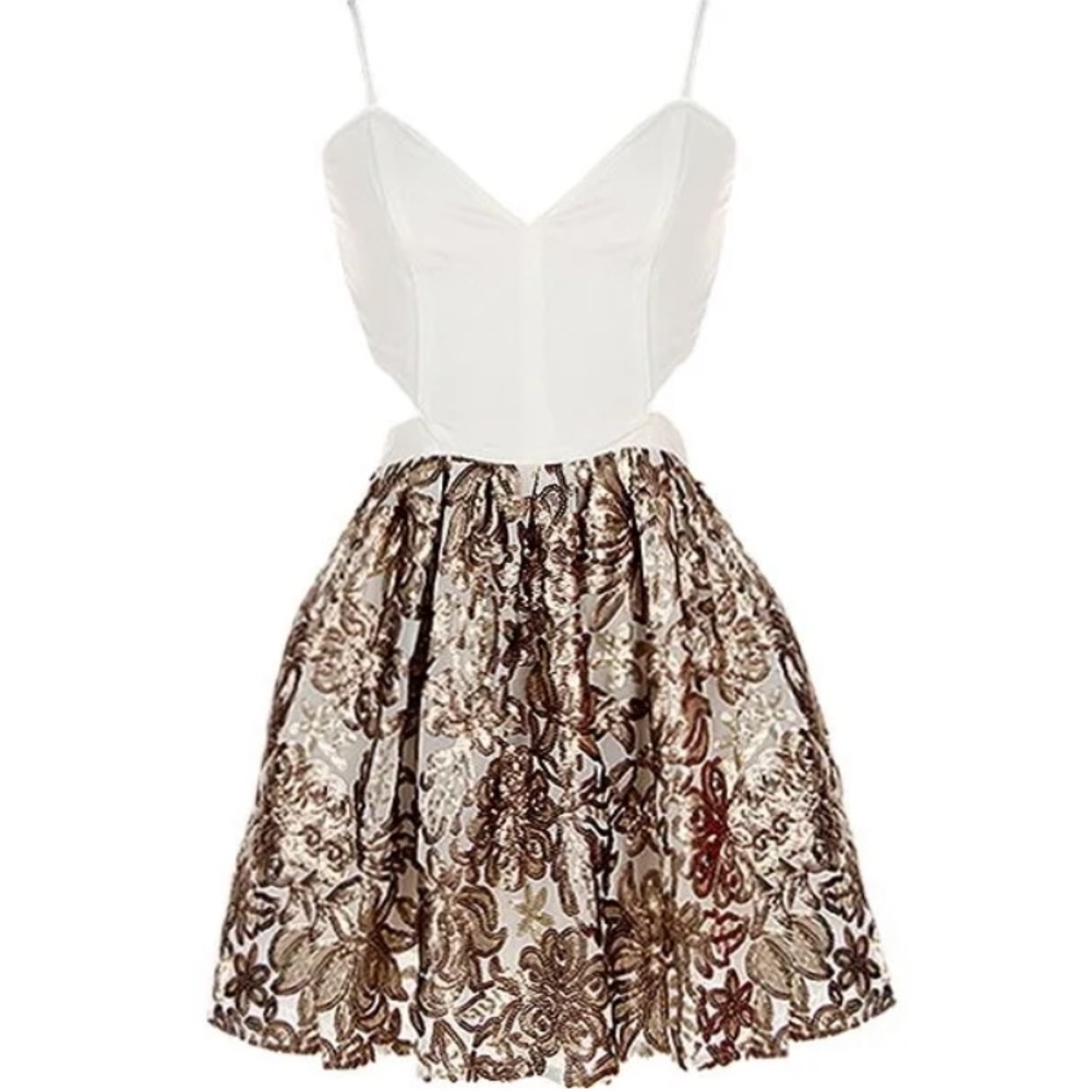 π€ LAST ONE π€ #122 Metallic Brocade Cut Out Sequin Skater Dress LARGE